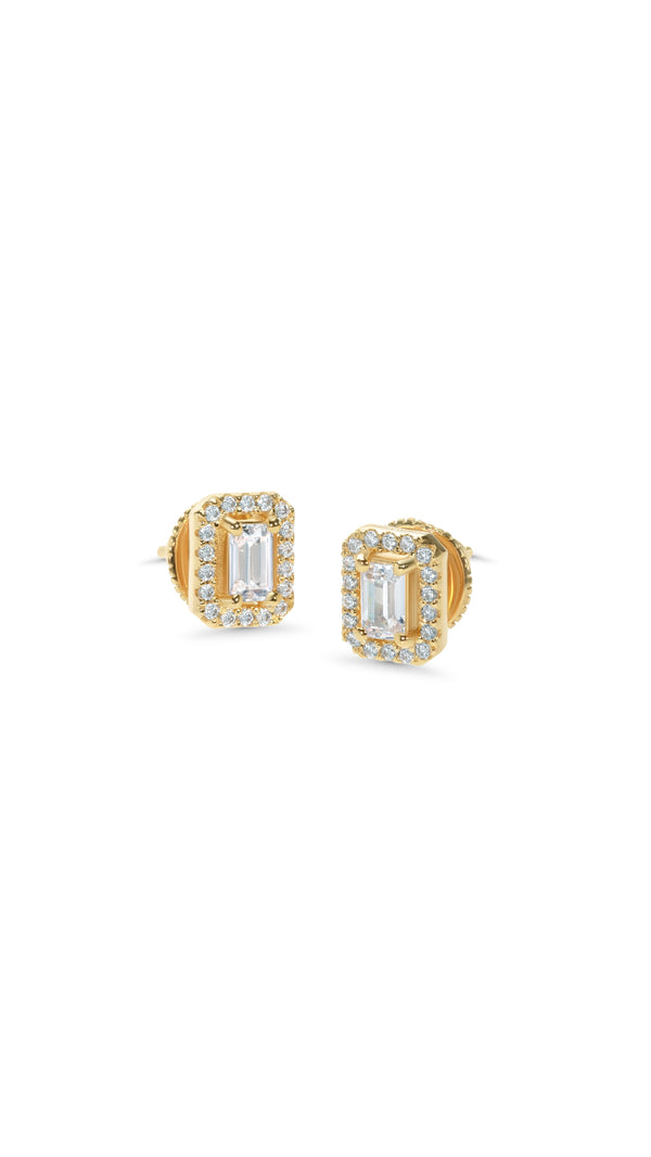 Emerald cut gold border set stud earrings, small size, Classic stud earrings for everyday wear.