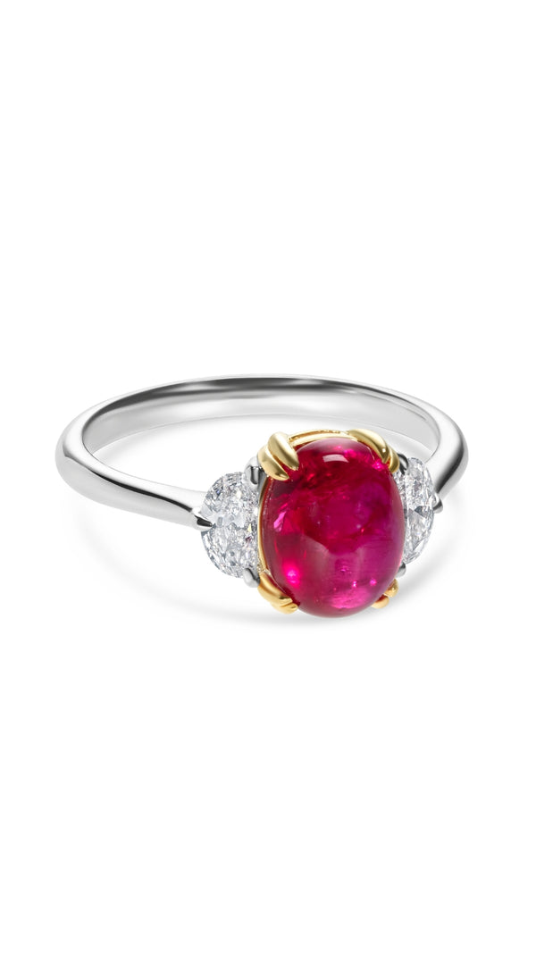 Lab-grown Ruby solitaire ring with recycled gemstone offcuts. Unique, sustainable design. Features half-moon lab-created diamonds.