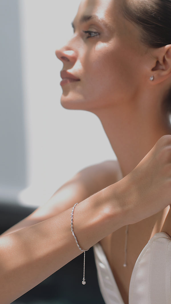 Minimalist sterling silver bracelet for women with marquise centre stone