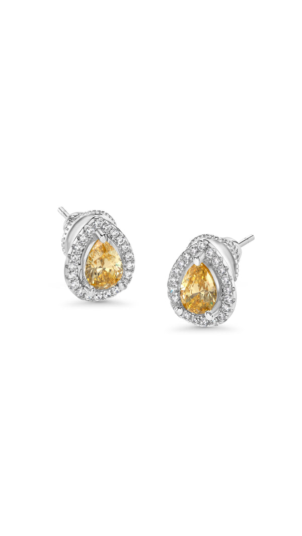 Classic sterling silver studs for women featuring an exquisite border halo setting with a stunning fancy yellow pear cut centre stone.