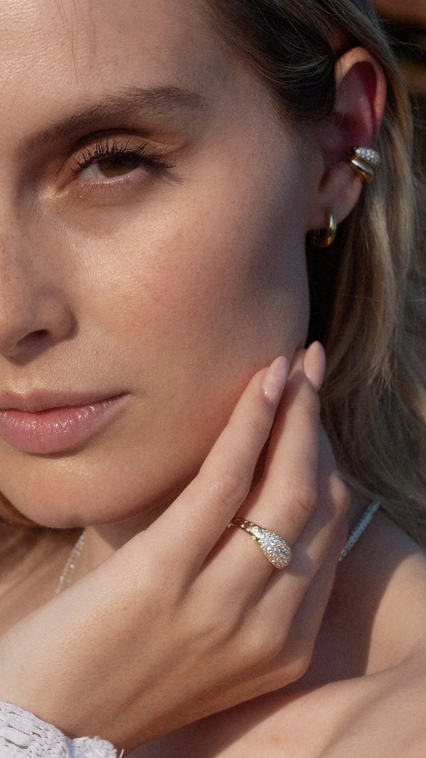 Hera gold vermeil statement ring london with gold ear cuffs