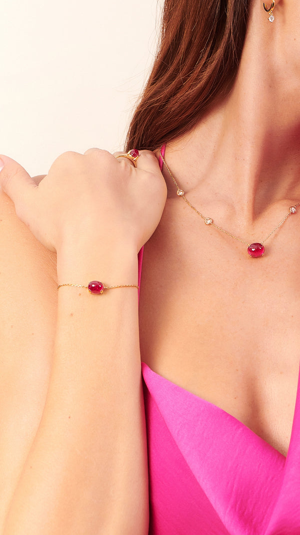 Lab-grown ruby cabochon gold vermeil slider bracelet and station necklace for women from the sugardrop collection