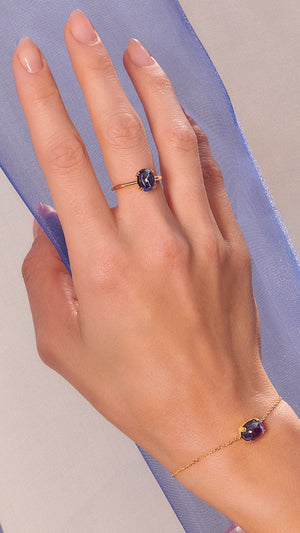 Recycled tanzanite cabochon stone gold vermeil ring and slider bracelet for women from the sugardrop collection
