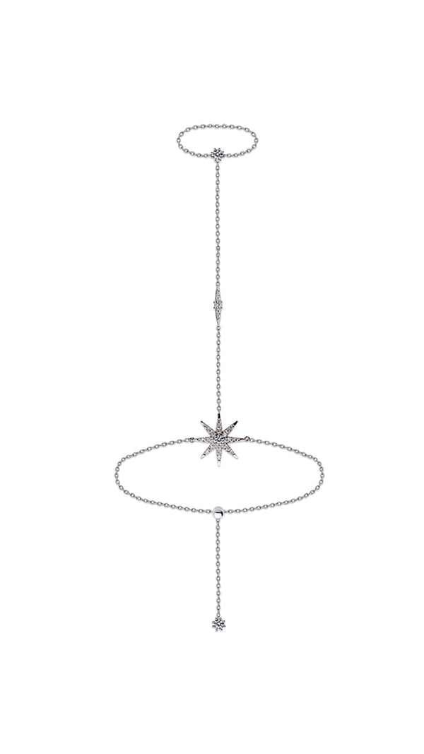 Sterling silver adjustable hand bracelet with white gold plating