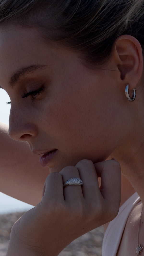 Everyday sterling silver hoops paired with sterling silver statement ring uk