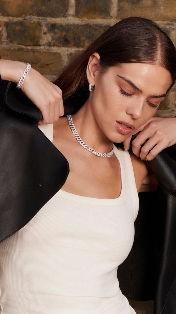 Sterling silver pavé cuban chain jewellery for women with matching pavé sterling silver hoops