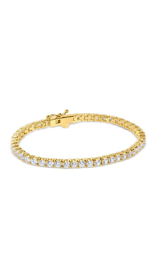 A timeless ladies gold tennis bracelet with a secure 3-click safety clasp.