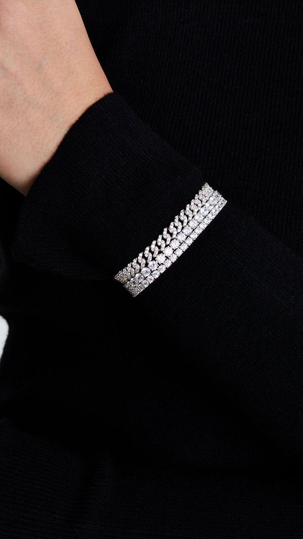 Sterling silver link bracelet stacked with two diamond style tennis bracelets for women
