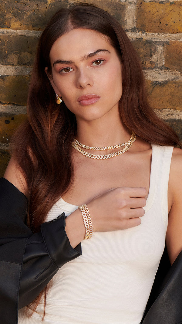 VIDA: Gold vermeil pavé cuban chain stacking bracelets and layering chain necklaces - CARAT* LONDON
