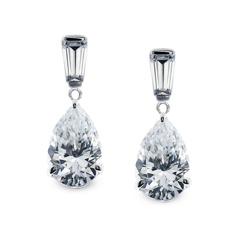 9K White Gold Drop Earrings - Pear and baguette cut design