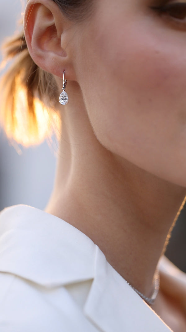 Pear cut stone drop earrings, white gold, lever back