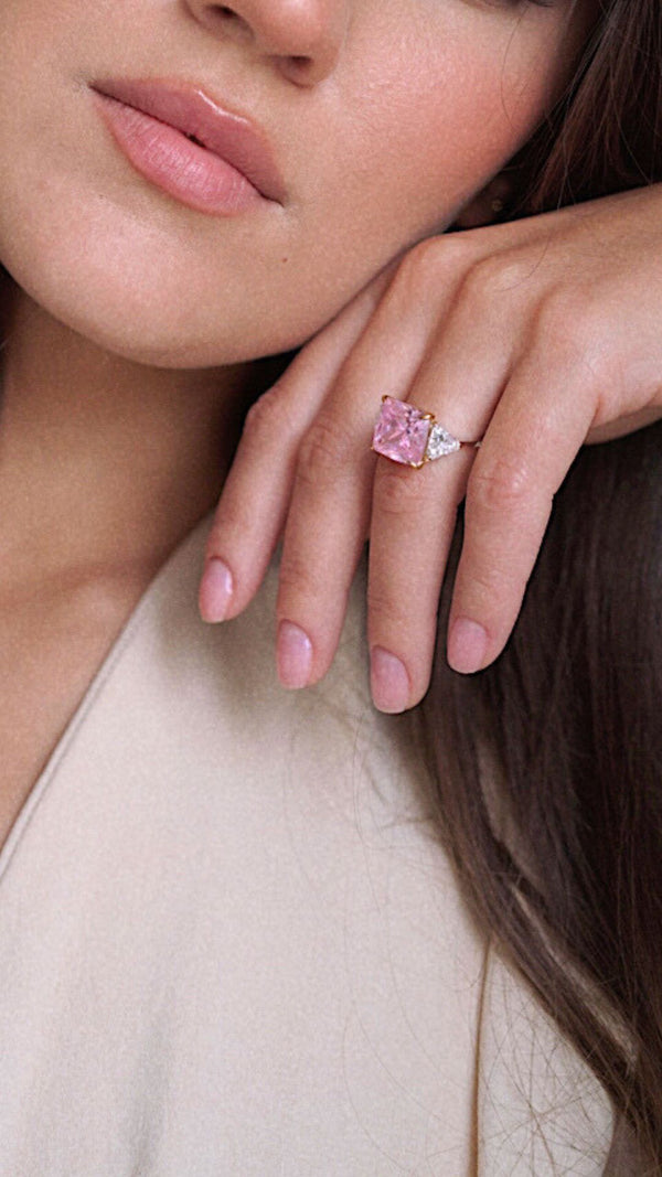 Solid gold pink diamond style cocktail ring for women
