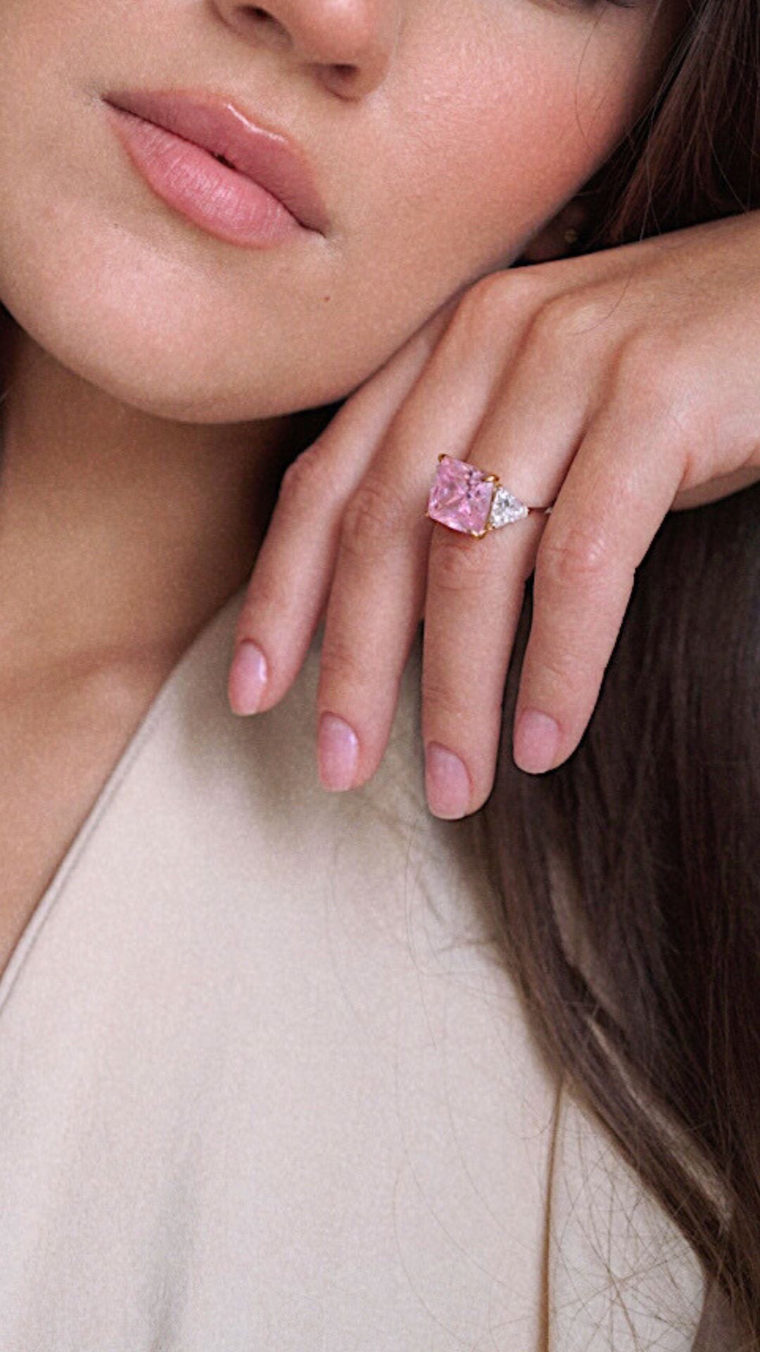 Solid gold pink diamond style cocktail ring for women