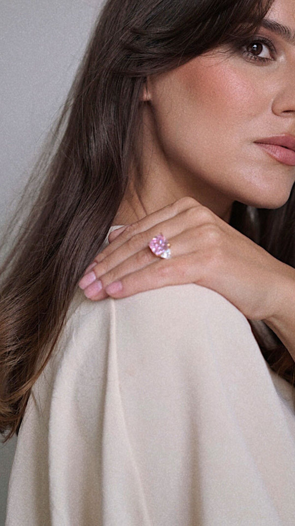 Solid white gold pink diamond style cocktail ring for women