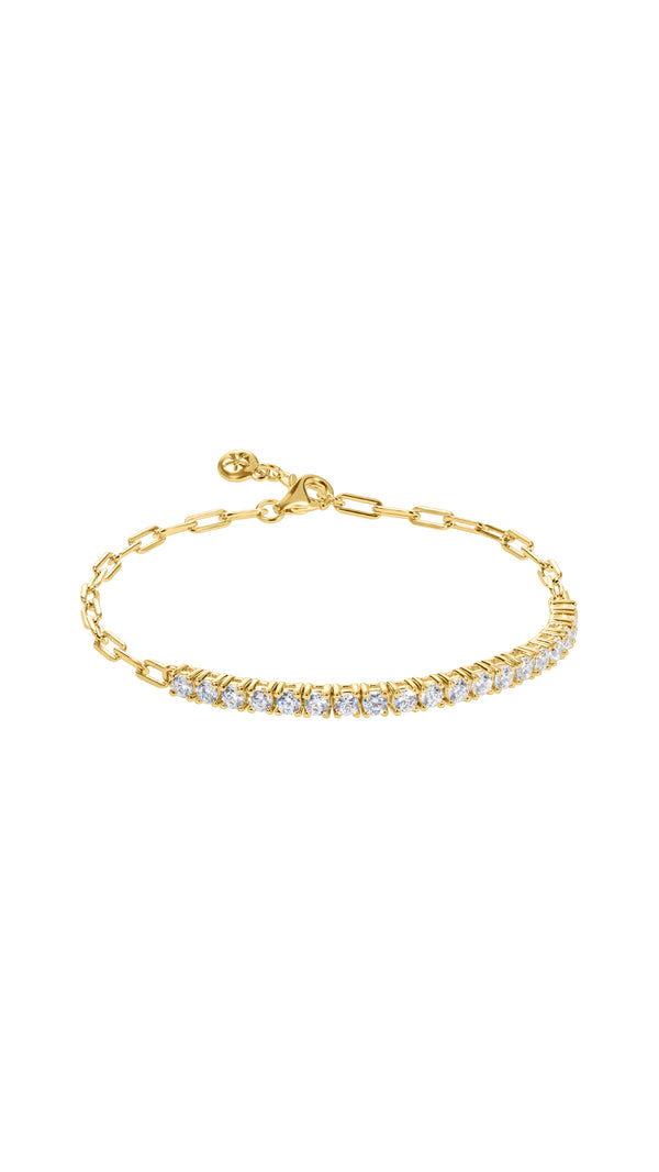 Carat bracelet  in a tennis style with a row of gemstones and polished paperclip chain