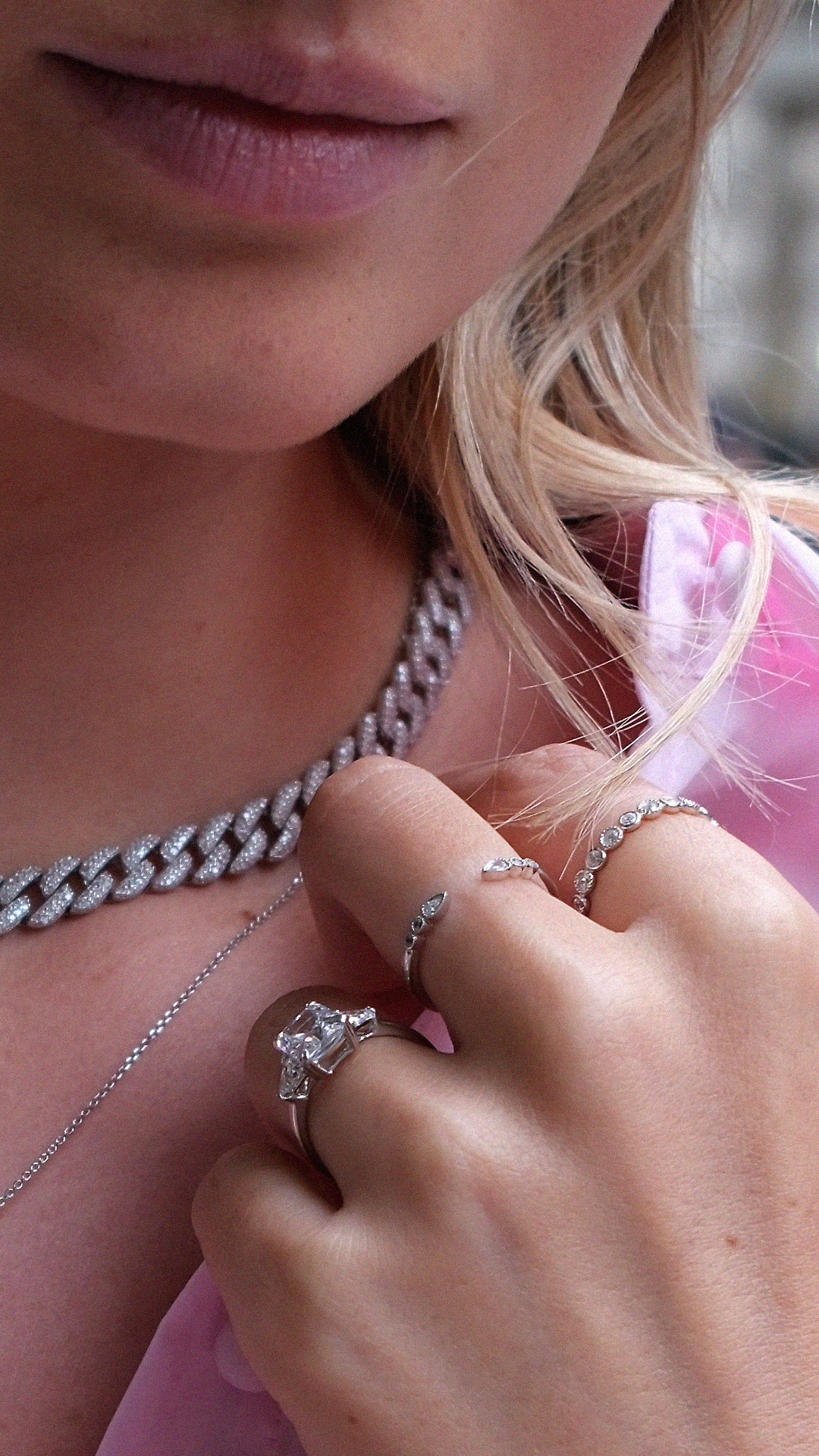 Sterling silver stacking rings for women with a trilogy radiant cut diamond style ring.