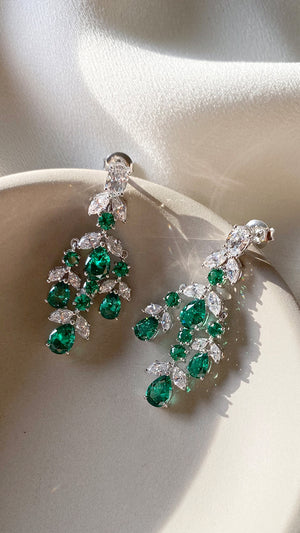 Aster Emerald Chandelier Earrings White Gold Plated