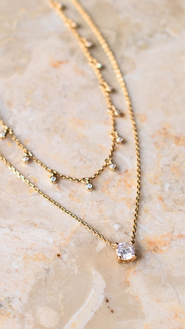 Ava pre-layered necklace with a sparkling round single solitaire pendant. 