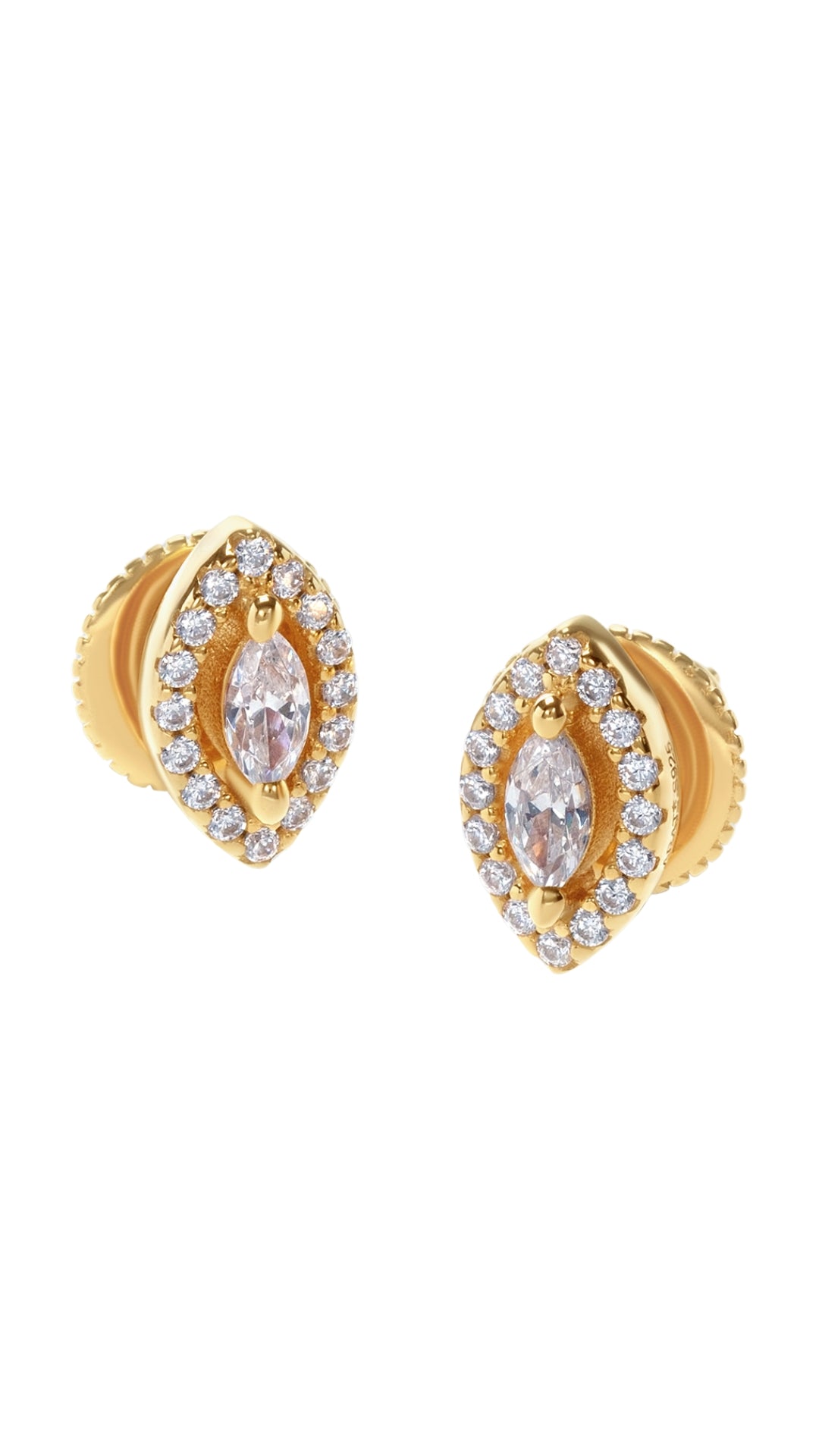 Simple halo stud earring for women featuring a beautifully polished marquis cut stone set in 18k gold vermeil