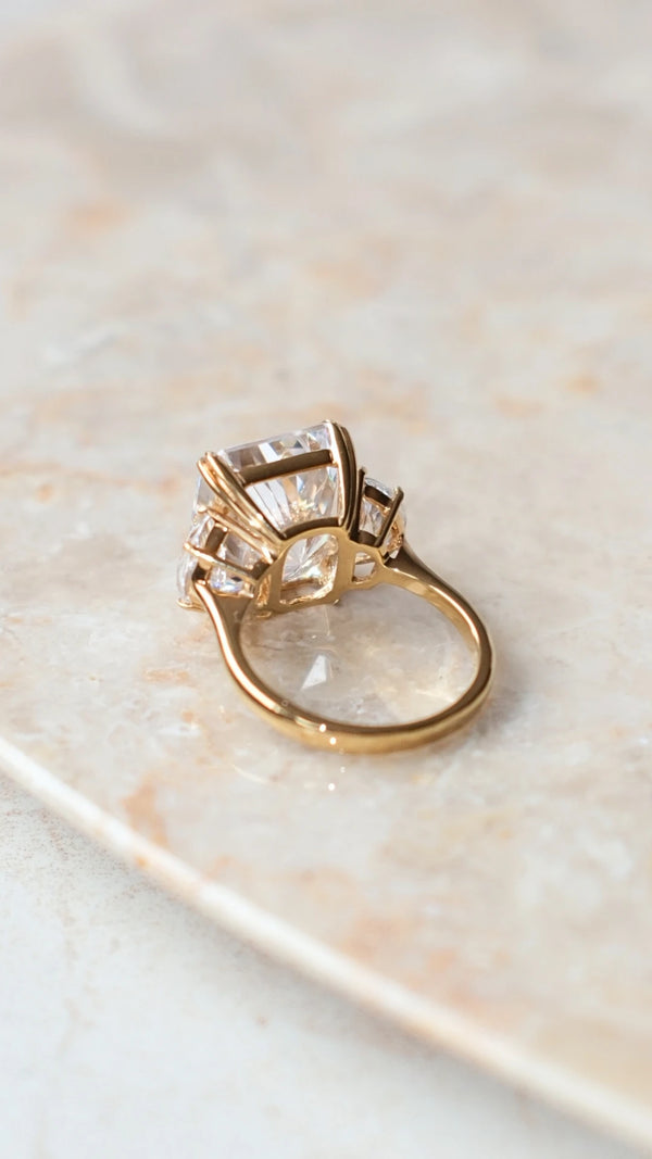 Back view 7ct eq. radiant cut cocktail ring in yellow gold vermeil with half-moon side stones.