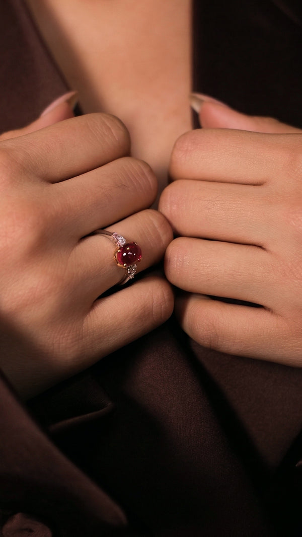 Cabochon Ring Ruby with Pears Sterling Silver