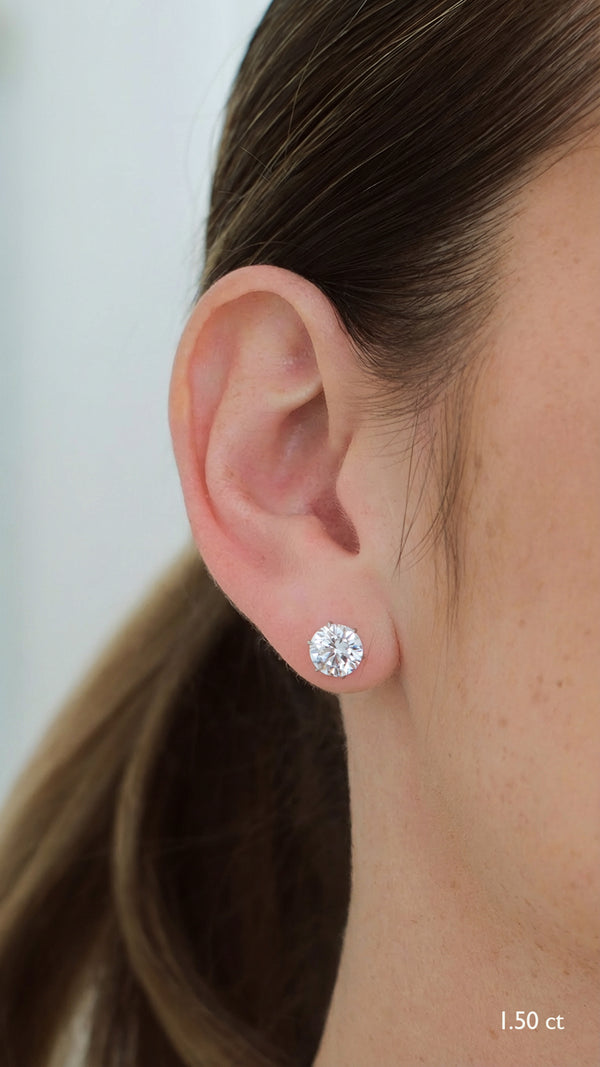 Close-up of an ear wearing a diamond style 1.5ct stud earring in white gold