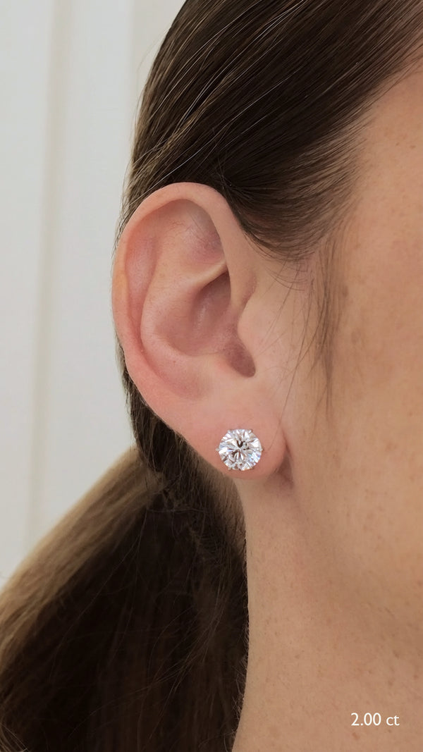 Close-up of an ear wearing a diamond style 2ct stud earring set in solid white gold