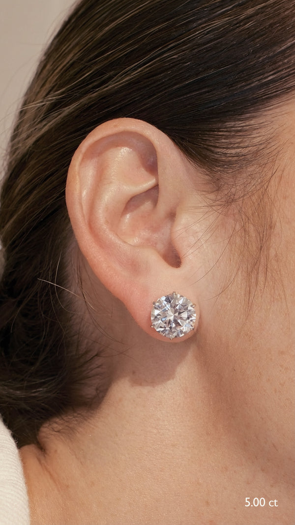 Close-up of an ear wearing a diamond style 5ct stud earring in 9k white gold