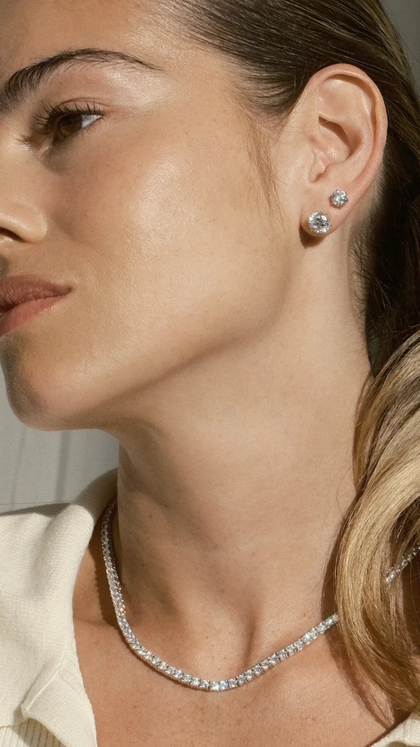 Fiona stud earrings in 1ct and 2ct sizes with a sparkling tennis necklace