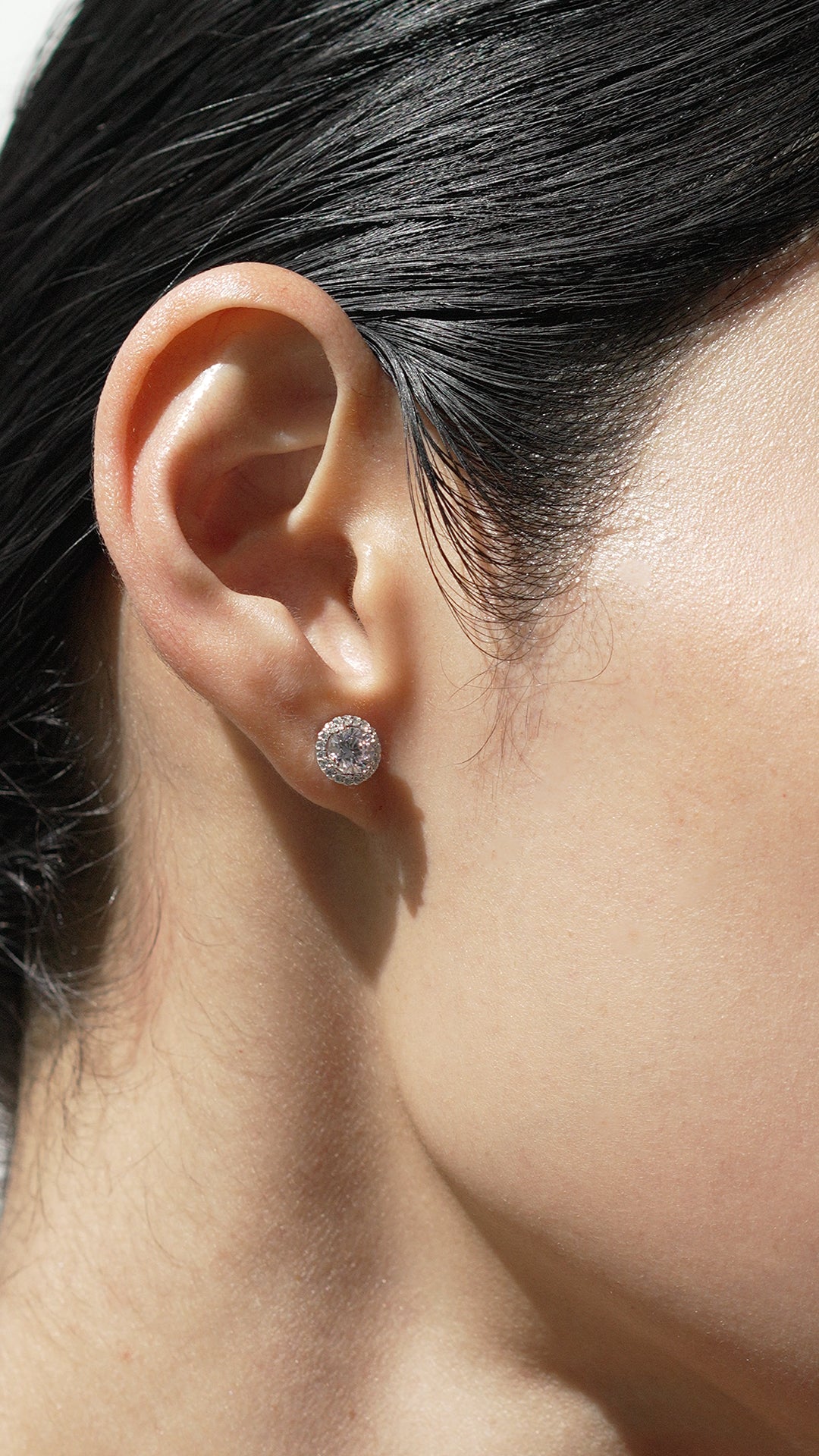 Gwyn Round Borderset Studs in Pink White Gold Plated