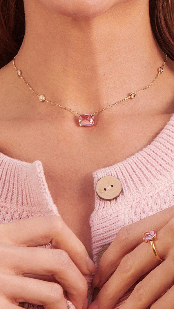 Gold vermeil station necklace for women featuring lab-grown paparadascha sugarloaf stone from the sugardrop collection