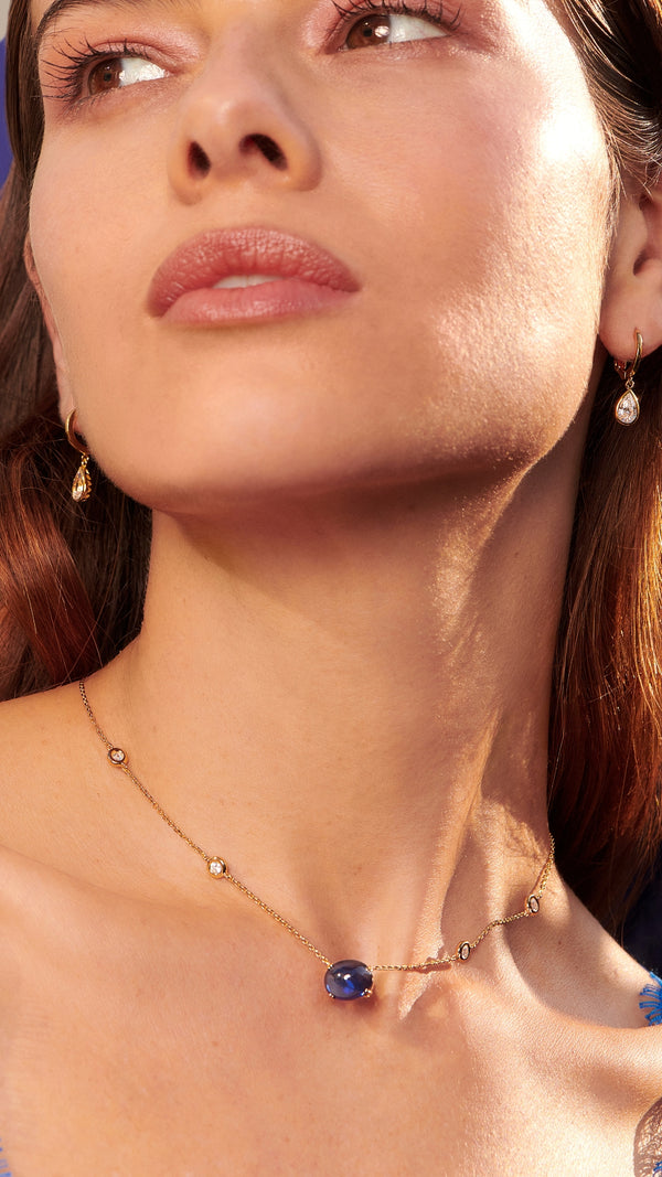 Gold vermeil station necklace for women with recycled sapphire cabochon stone from the sugardrop collection