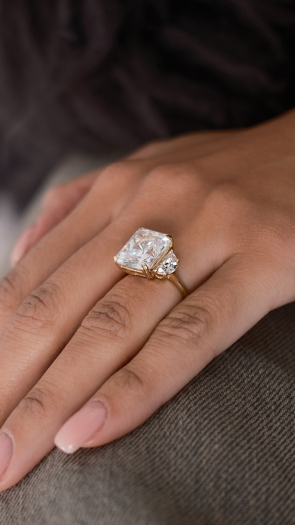 7ct eq. radiant cut cocktail ring in yellow gold vermeil with half-moon side stones.