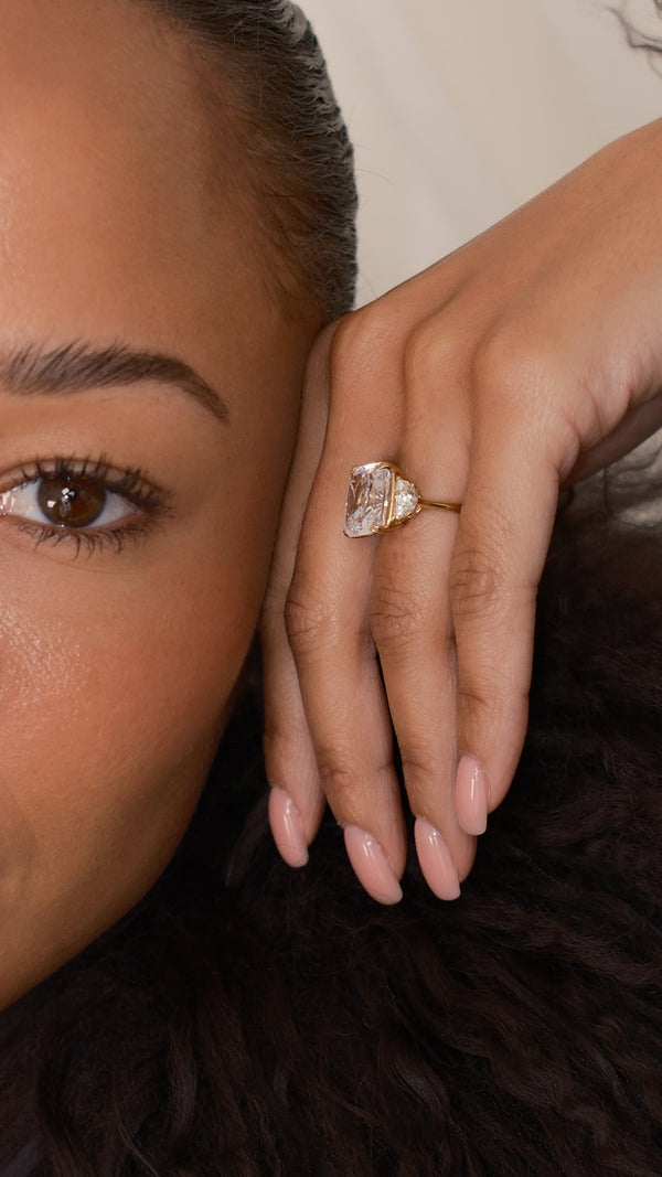 Gold vermeil ring featuring a modified Barion-cut pavilion for maximum brilliance.