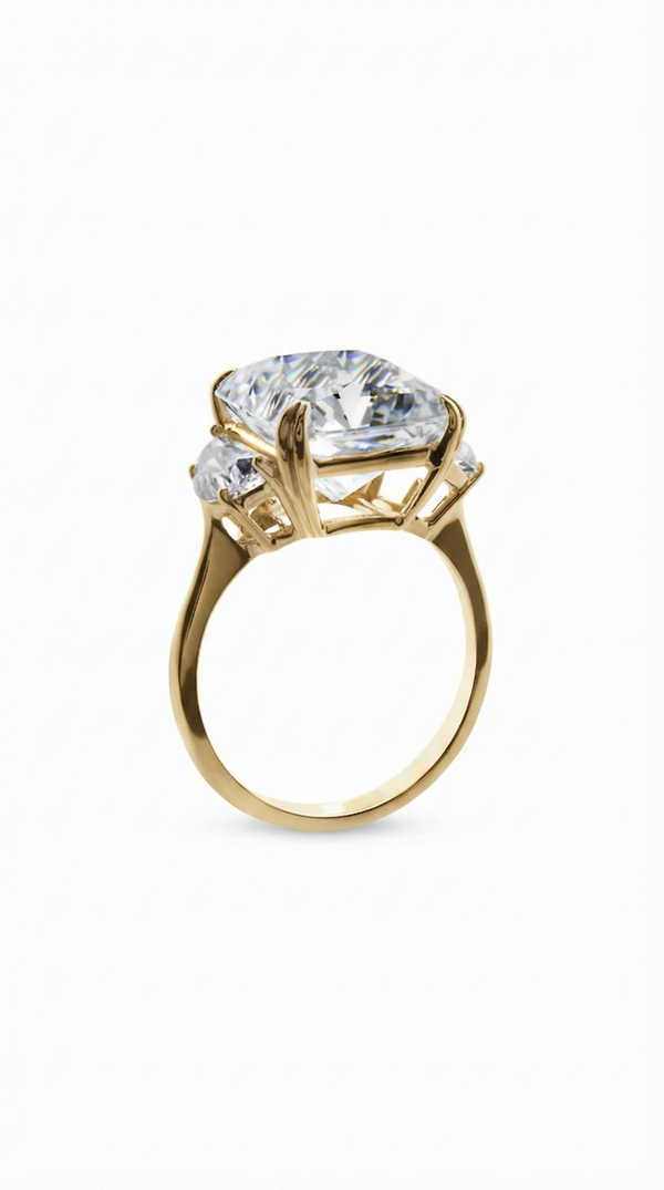 Brilliant yellow gold finish on a 70-facet radiant cut statement ring.