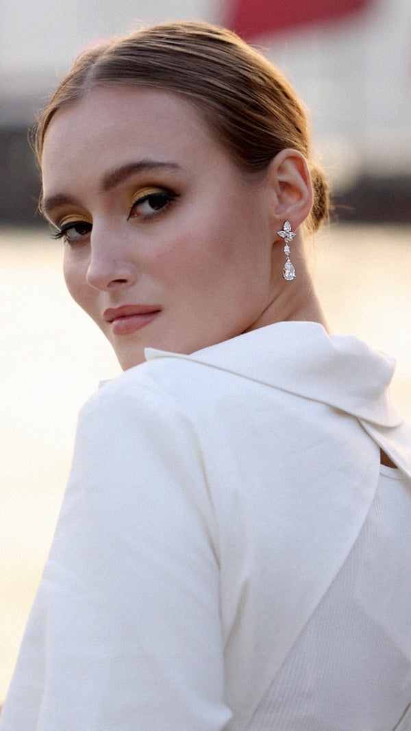 Josie Crosscut Pear Drop Earrings White Gold Plated