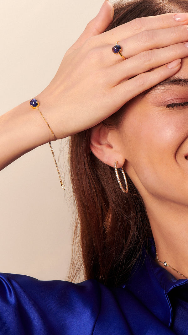 Lab-grown tanzanite cabochon stone slider bracelet and gold vermeil ring for women from the sugardrop collection