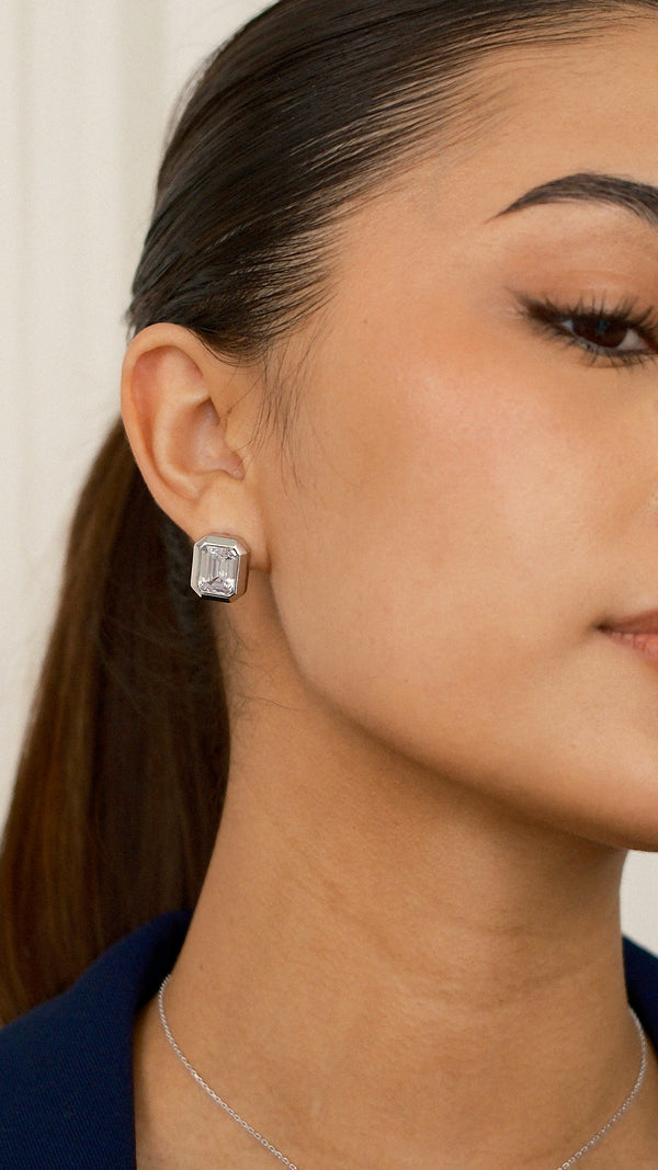 Secure-Fit-Piercing-Support-Silver-Earrings-With-Emerald-Cut-Diamond-Style-Gemstone