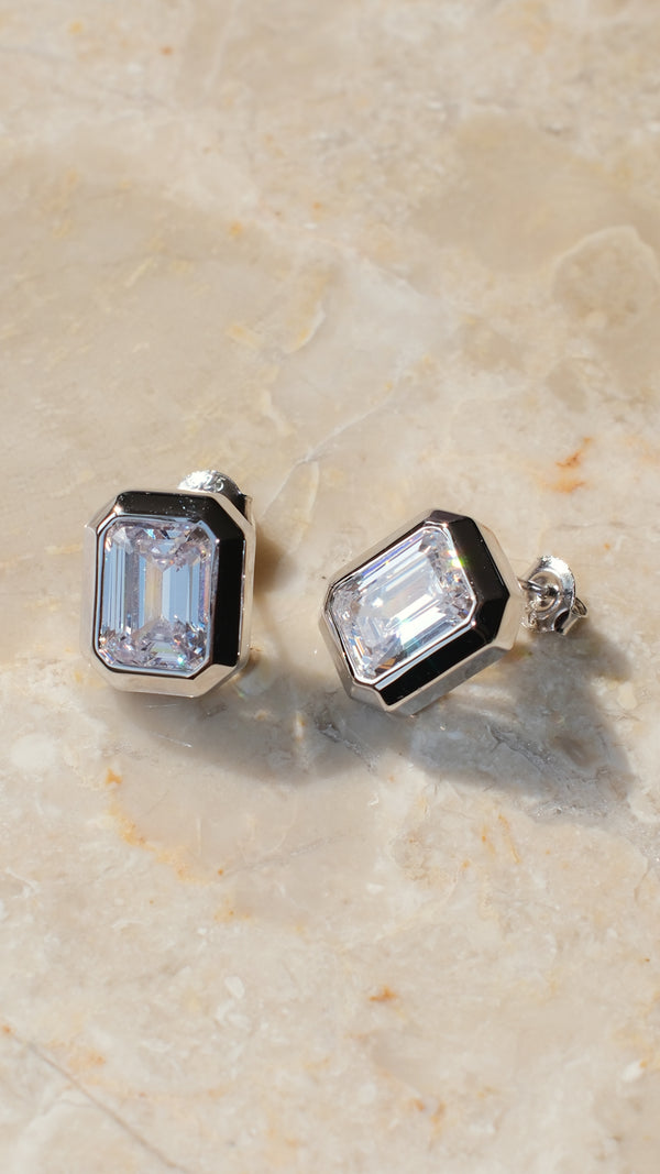 Earlobe-friendly large statement emerald-cut silver earrings