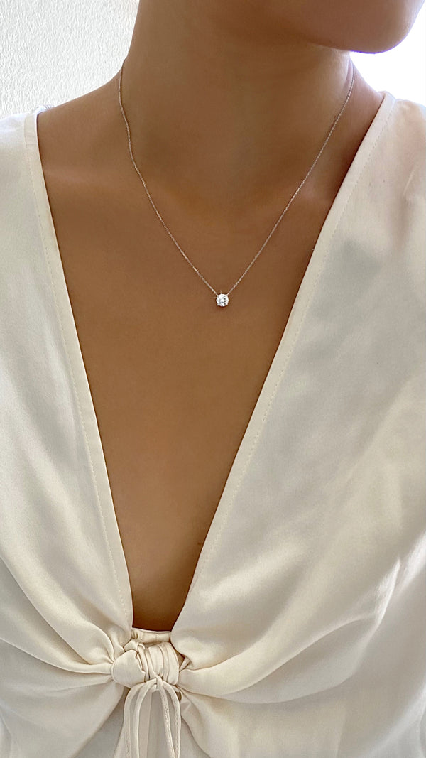 White gold solitaire necklace for women with lab grown diamond. 