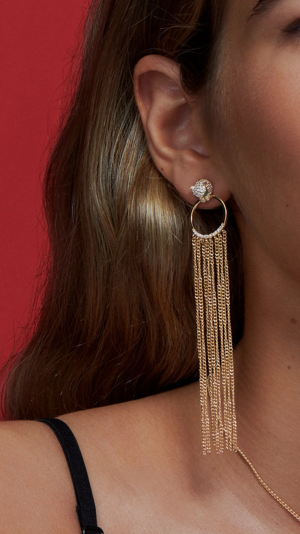 Maumau chandelier gold earrings for women with cat fake and emerald stones