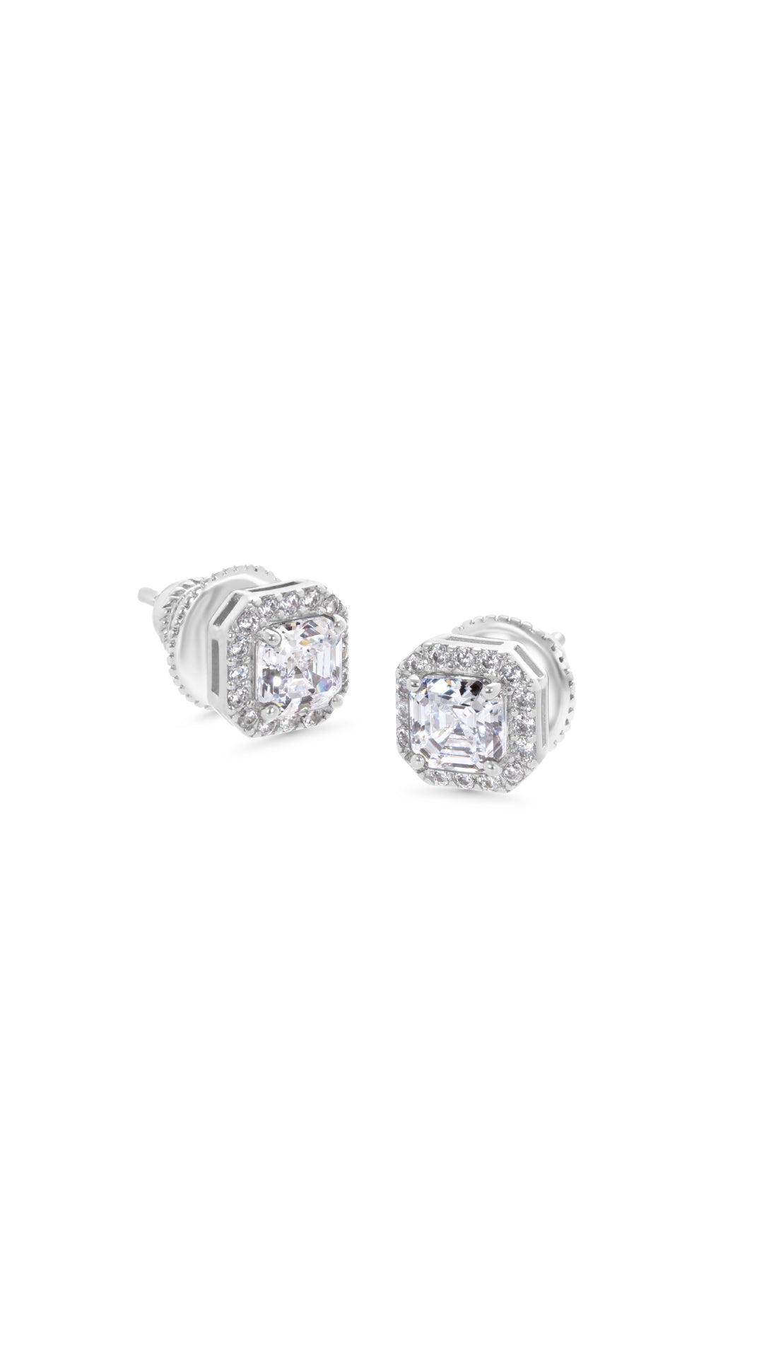 Simple Asscher halo sterling silver studs everyday studs for women.