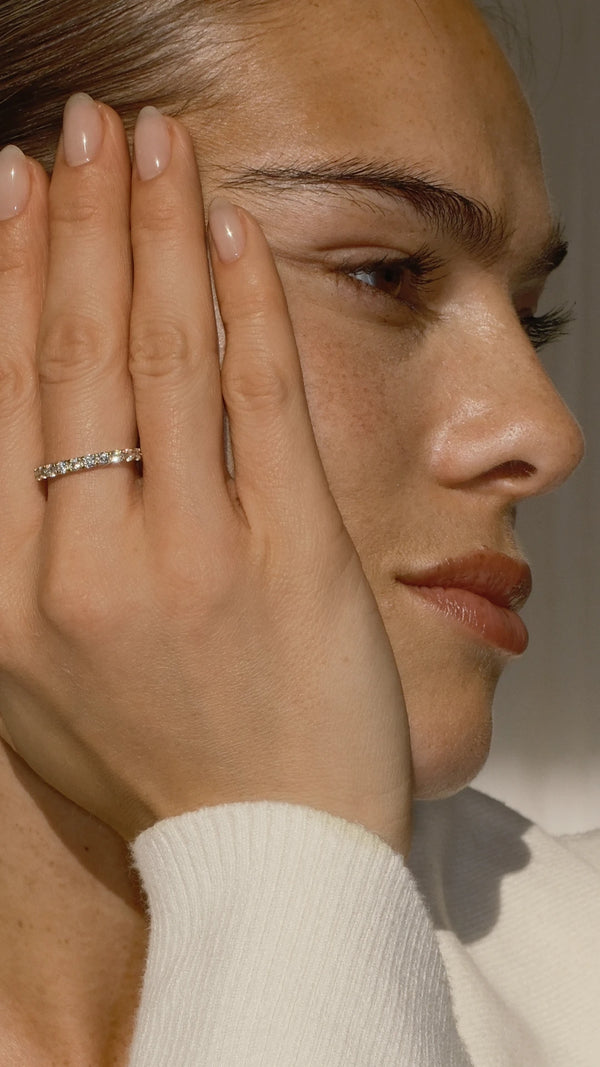 Solid gold eternity band for women featuring a row of equsitely cut round gemstones 