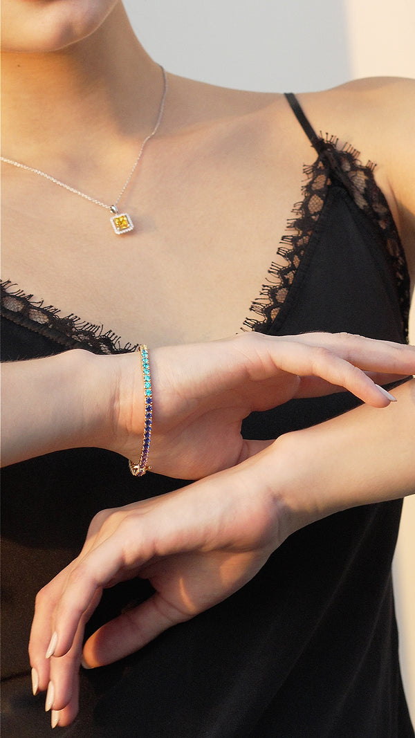 Rainbow Tennis Bracelet Long Gold Vermeil