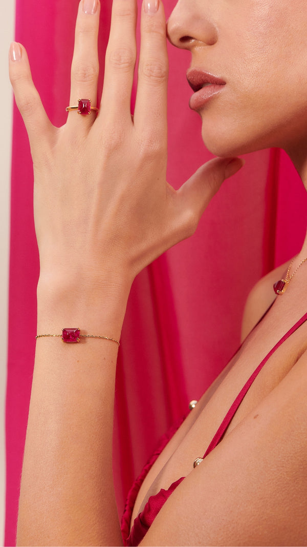Recycled ruby stone on gold vermeil slider bracelet and ring for women from the sugar drop collection