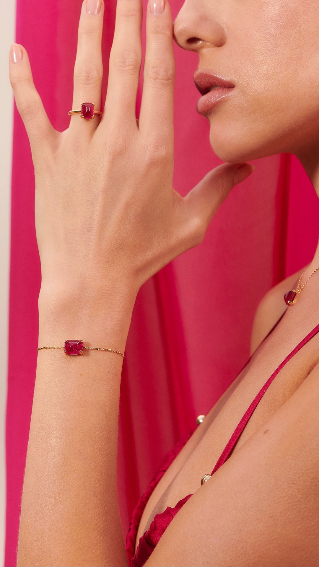 Recycled ruby stone on gold vermeil slider bracelet and ring for women from the sugar drop collection