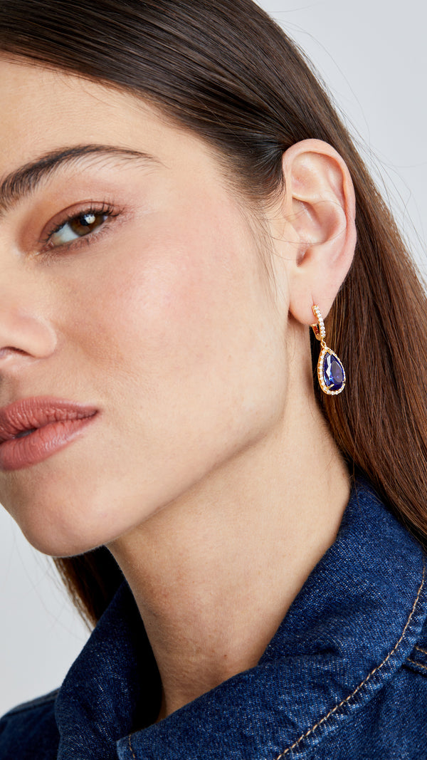 Halo drop earrings with Tanzanite-coloured keystone stones and pave hoop
