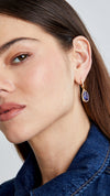 Halo drop earrings with Tanzanite-coloured keystone stones and pave hoop