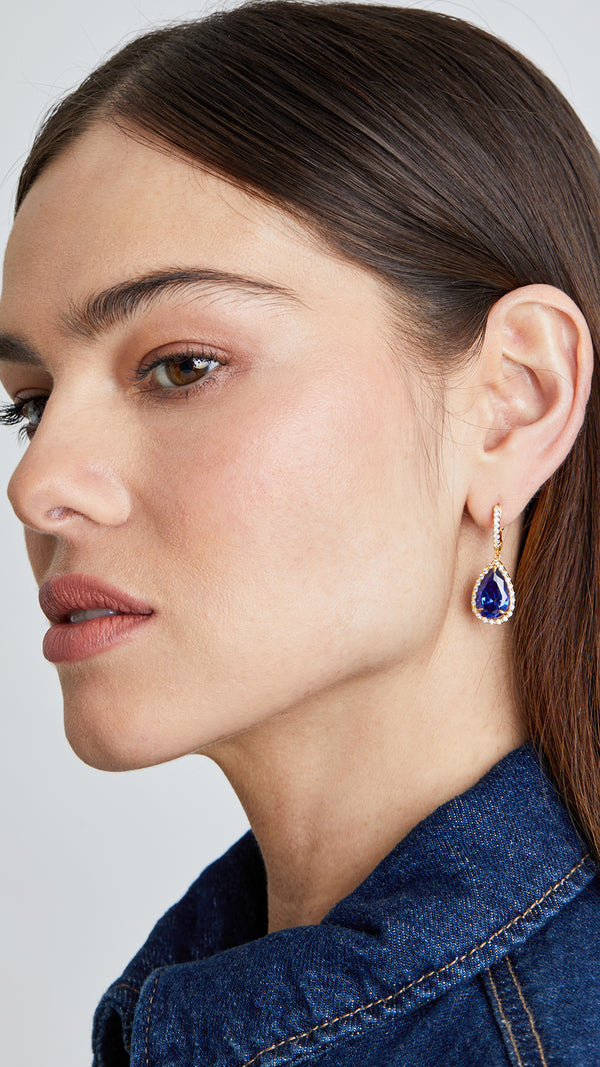 Classic Tanzanite drop earrings with pave hoop and locking mechanism