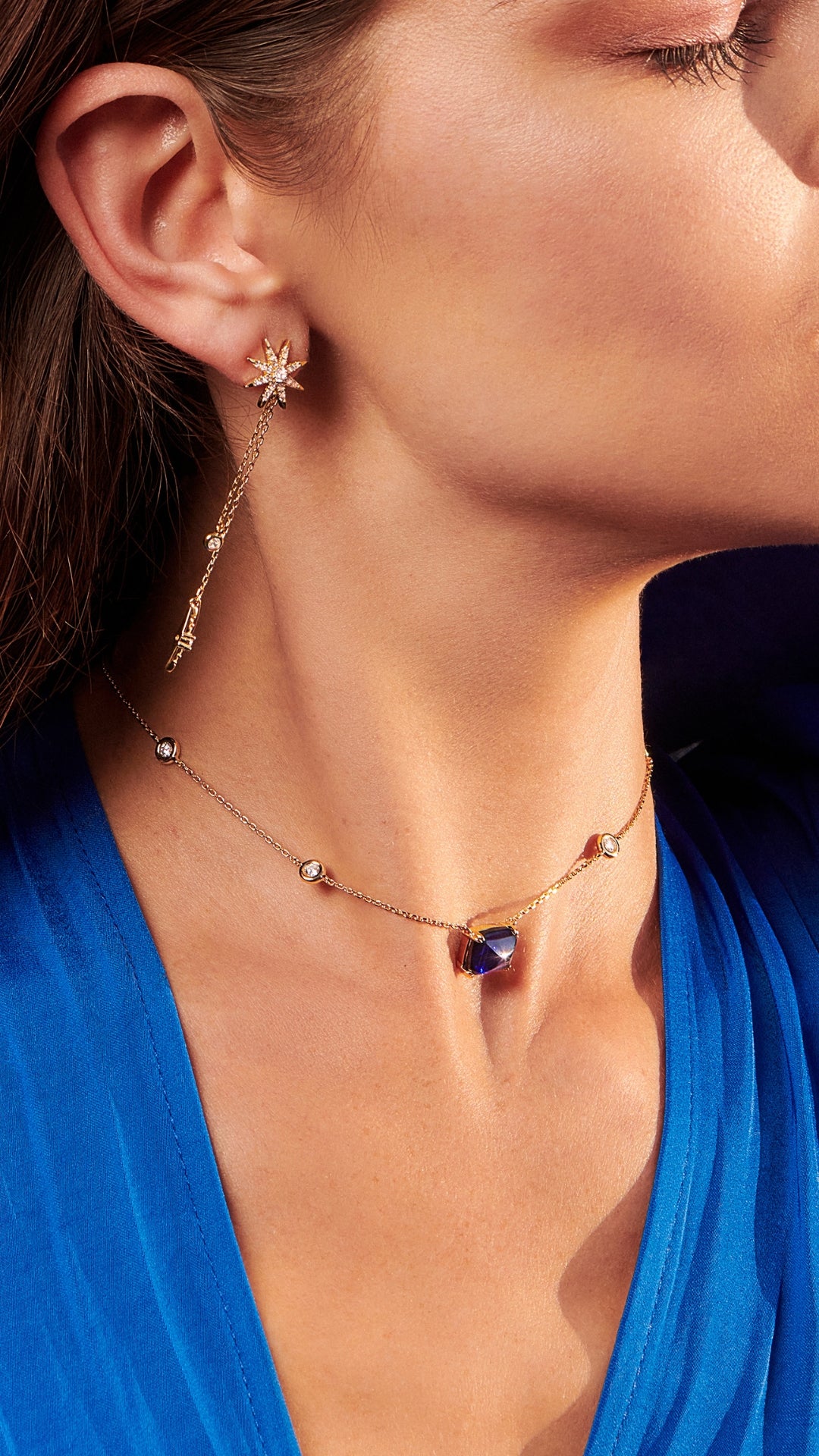 Lab-grown sapphire stone station necklace in gold vermeil for women from the sugardrop collection
